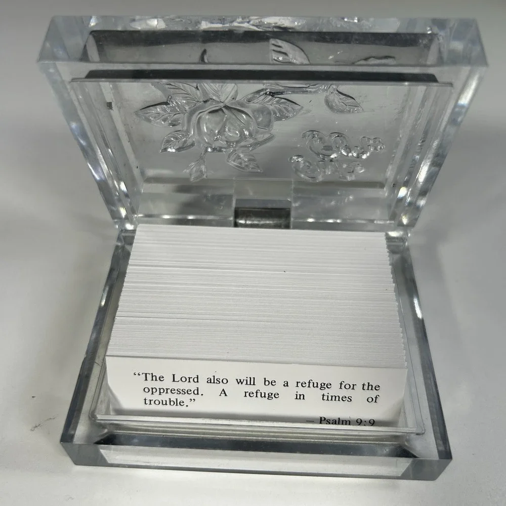 Vintage Warner Press Lucite Scripture Box Clear Rose Floral Hong Kong Gifts